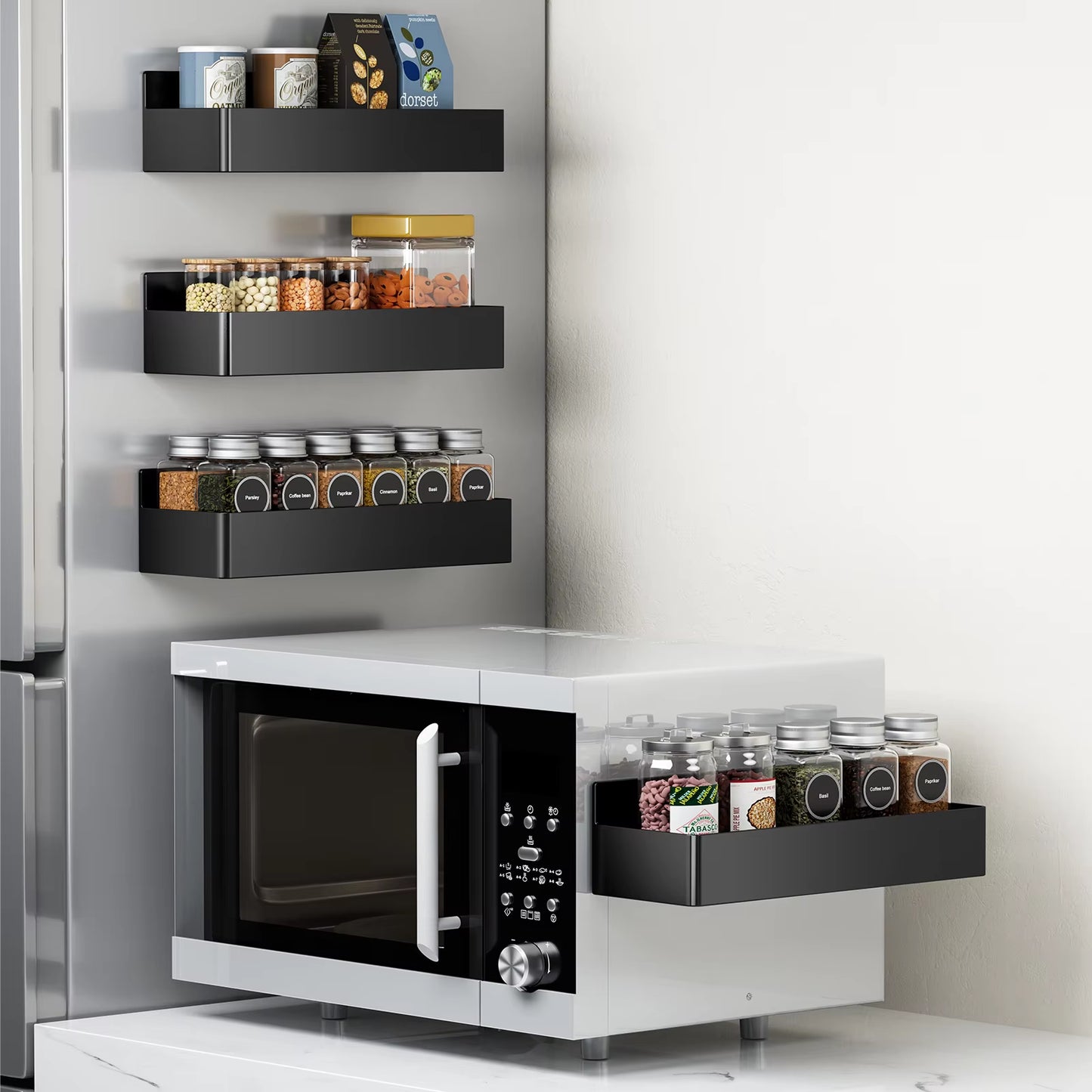 Magnetic Fridge Shelves Black White Spice Storage Rack Space Saving for Cabinet on the Side of Refrigerator Kitchen Organizer