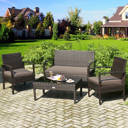 4PCS Outdoor Patio Rattan Furniture Set |Cushioned Sofa Coffee Table Deck