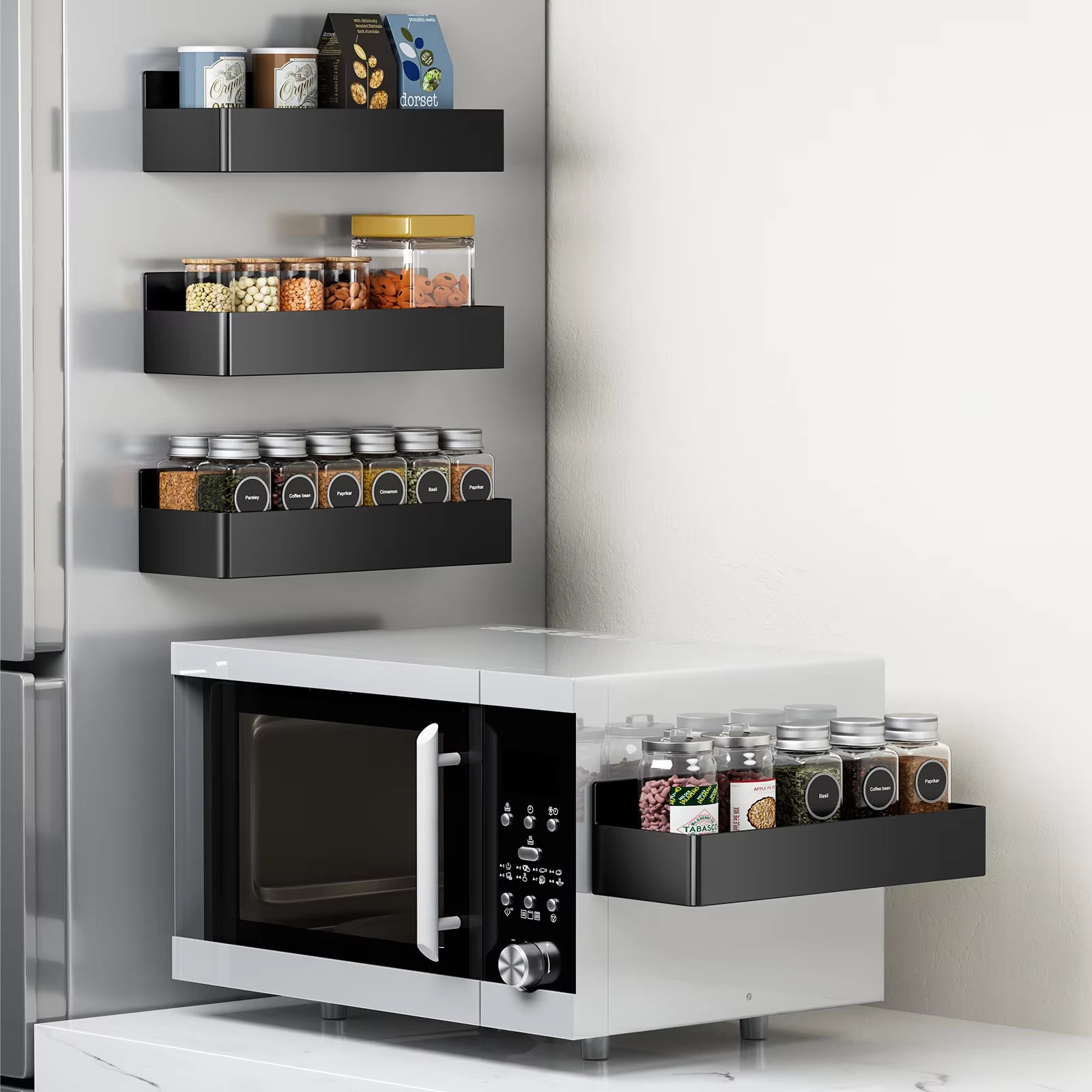 Magnetic Fridge Shelves Black White Spice Storage Rack Space Saving for Cabinet on the Side of Refrigerator Kitchen Organizer